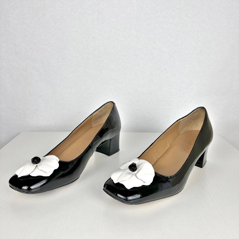 Talbots Brina Black Patent Leather Flower Pumps Square Toe 2" Heels Size 8.5